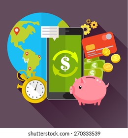 Flat design vector colored illustration concept for mobile banking and online payment isolated on bright background