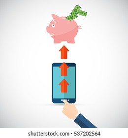 Flat design vector colored illustration concept for mobile banking and online payment with smart phone and piggy bank icon.