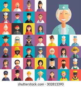 Flat Design Vector Colorful Background. Different Professional People Characters. Female, Male