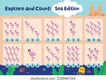 flat design vector colorful cute kids counting worksheet activity printable