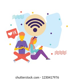Flat design vector colorful illustration of communication via the Internet in the Wi-Fi zone. Social networking,chat, video,news,messages,web site, search friends, mobile web graphics.