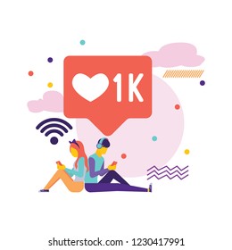 Flat design vector colorful illustration of communication via the Internet in the Wi-Fi zone. Social networking,chat, video,news,messages,web site, search friends, mobile web graphics.