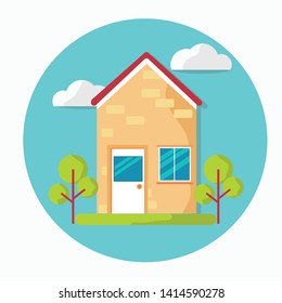 Flat design vector: colorful of light brown brick house with white door and glass window