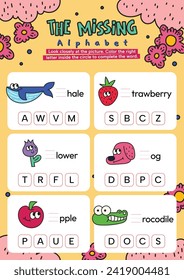 flat design vector complete the sentence abc alphabet printable worksheet for kids learning activity