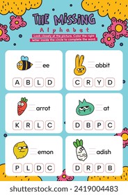 flat design vector complete the sentence abc alphabet printable worksheet for kids learning activity