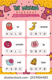 flat design vector complete the sentence abc alphabet printable worksheet for kids learning activity