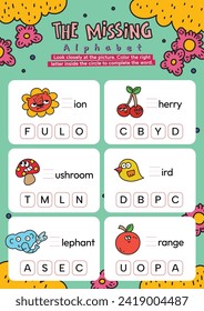 flat design vector complete the sentence abc alphabet printable worksheet for kids learning activity