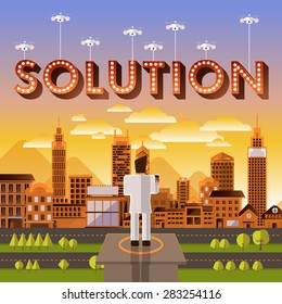 Flat design vector concept businessman control drone for text "Solution". Vector Illustrate.