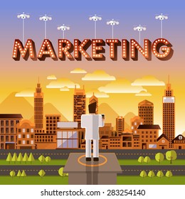 Flat design vector concept businessman control drone for text "Marketing". Vector Illustrate.