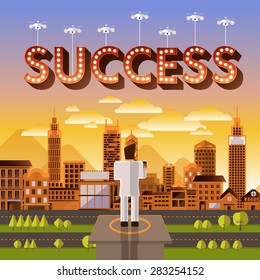 Flat design vector concept businessman control drone for text "Success". Vector Illustrate.