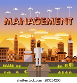 Flat design vector concept businessman control drone for text "Management". Vector Illustrate.