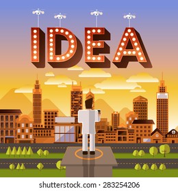 Flat design vector concept businessman control drone for text "Idea". Vector Illustrate.