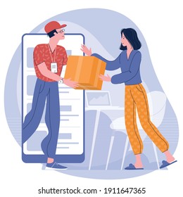 Flat design vector concept of delivery man delivering cardboard boxes to home of young woman.. The concept of online mobile shopping courier delivery to the door. Vector illustration