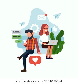 Flat design vector concept illustration on social media and networking. Man and woman interacting with each other using their mobile devices