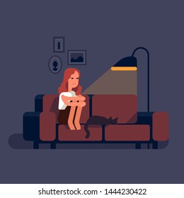 Flat design vector concept illustration on introspection and feelings examination with sad depressed woman sitting on a sofa holding her knees with a sleeping cat next to her 