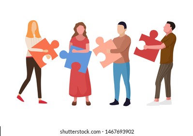 Flat design vector concept illustration. Four businessmen unite lamp of the puzzle. Joining forces, the birth of a new idea