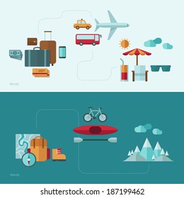 Ilustración de concepto vectorial de diseño plano con iconos de viaje y vacaciones