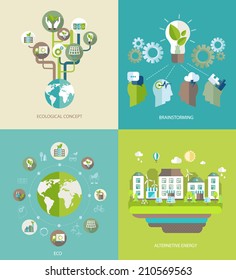 Flat design vector concept illustration with icons of ecology, environment, green energy and pollution 