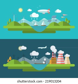 Flat design vector concept illustration with icons of ecology, environment, green energy and nature pollution