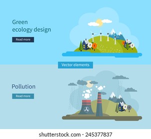 Flat design vector concept illustration with icons of green ecology and pollution. Vector illustration.