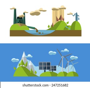 Flat design vector concept illustration with icons of ecology, environment, green energy and pollution