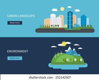 Flat design vector concept illustration with icons of environment, green energy and  urban landscape