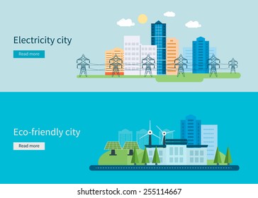 Diseño plano ilustrativo vectorial con iconos de energía verde, ciudad amigable con el eco y ciudad de la electricidad. Ilustración del vector