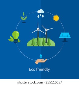 Flat design vector concept illustration with icons of ecology, environment and eco friendly energy