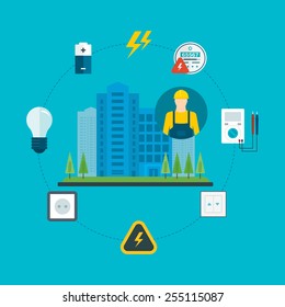 Flat design vector concept illustration with icons of professional electrician and and electricity city. Vector illustration.