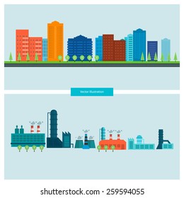 Flat design vector concept illustration with icons of building construction, urban landscape and industrial factory buildings. Horizontal banners.