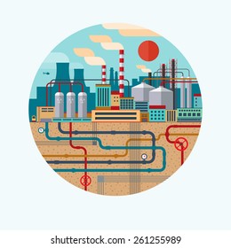 Flat design vector concept illustration of nature pollution. Industrial landscape with plant and factory buildings, tanks with radiation symbol, smoking pipes, wires and constructions