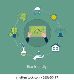 Flat design vector concept illustration with icons of ecology, environment and eco friendly energy. Concept of running a clean house and green energy. Thin line icons. 