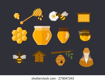 Flat design vector concept illustration with icons of  products bee-keeper garden. Vector illustration