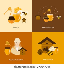 Flat design vector concept illustration with icons of  products bee-keeper, best product organic natural honey bee and beekeeper honey