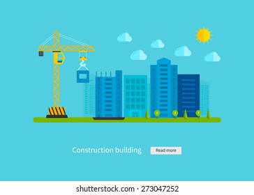 Flat design vector concept illustration with icons of building construction and urban landscape. Concept Vector Illustration in flat style design. Real estate concept illustration.