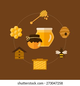 Flat design vector concept illustration with icons of  products bee-keeper and best product organic natural honey bee