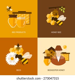 Flat design vector concept illustration with icons of  products bee-keeper, best product organic natural honey bee and beekeeper honey