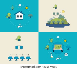 Flat design vector concept illustration with icons of ecology, environment and eco friendly energy. Concept of running a clean house and green energy. Thin line icons.