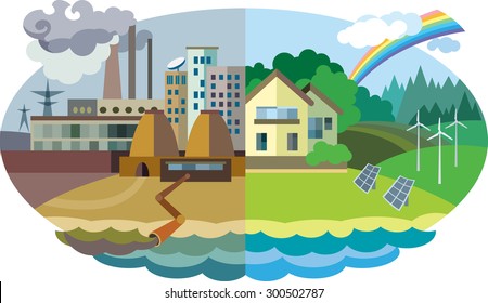 Flat design vector concept illustration: urban and village landscape. Environmental pollution and environment protection