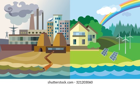 Flat design vector concept illustration: urban and village landscape. Environmental pollution and environment protection