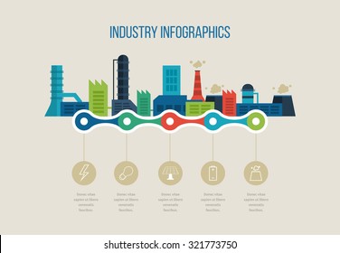 Flat design vector concept illustration with icons of urban landscape and industrial factory buildings. Timeline illustration infographic elements.