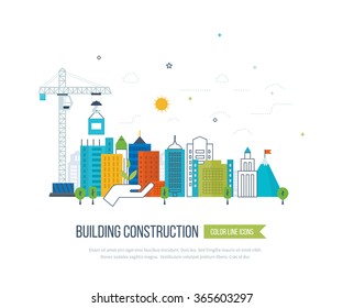 Flat design vector concept illustration with icons of building construction and urban landscape. Real estate concept illustration. Cityscape background. Color line icons