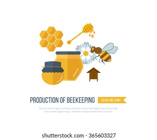 Flat design vector concept illustration with icons of  products beekeeping and best product organic natural honey bee. Bee collects pollen from flower. Honey.