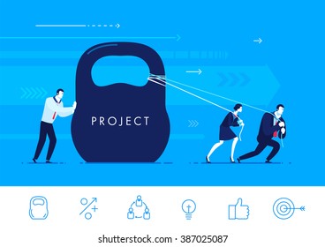 Flat design vector concept illustration. Businessman and businesswoman pulling a heavy business on their shoulders . Vector clipart. Icons set.