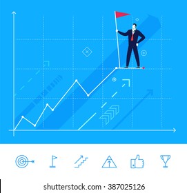 Flat design vector concept illustration. Businessman standing at the top with cling to the flag. Vector clipart. Icons set.