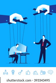 Flat design vector concept illustration. Businessman and manager a puppet in the hands of others.  Good profit. Vector clipart. Icons set.