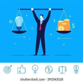 Flat design vector concept illustration. businessman holding weights in his hands which is the idea and money. Good profit. Vector clipart. Icons set.