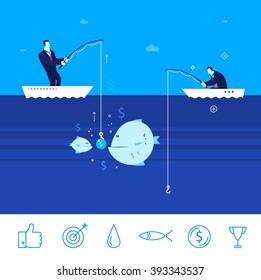 Flat design vector concept illustration. Two businessman on fishing. good production. Good profit. Unsuccessful catch. Vector clipart. Icons set.