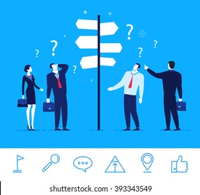 Flat design vector concept illustration. Businessmen and businesswomen standing at a crossroads. Decision-making. An important decision for the success of. Good profit. Vector clipart. Icons set.