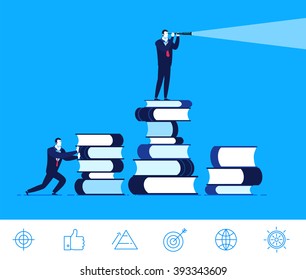 Flat design vector concept illustration. Businessman standing on a large pile of books and looking through a telescope. Received knowledge. Success very close. Good profit. Vector clipart. Icons set.